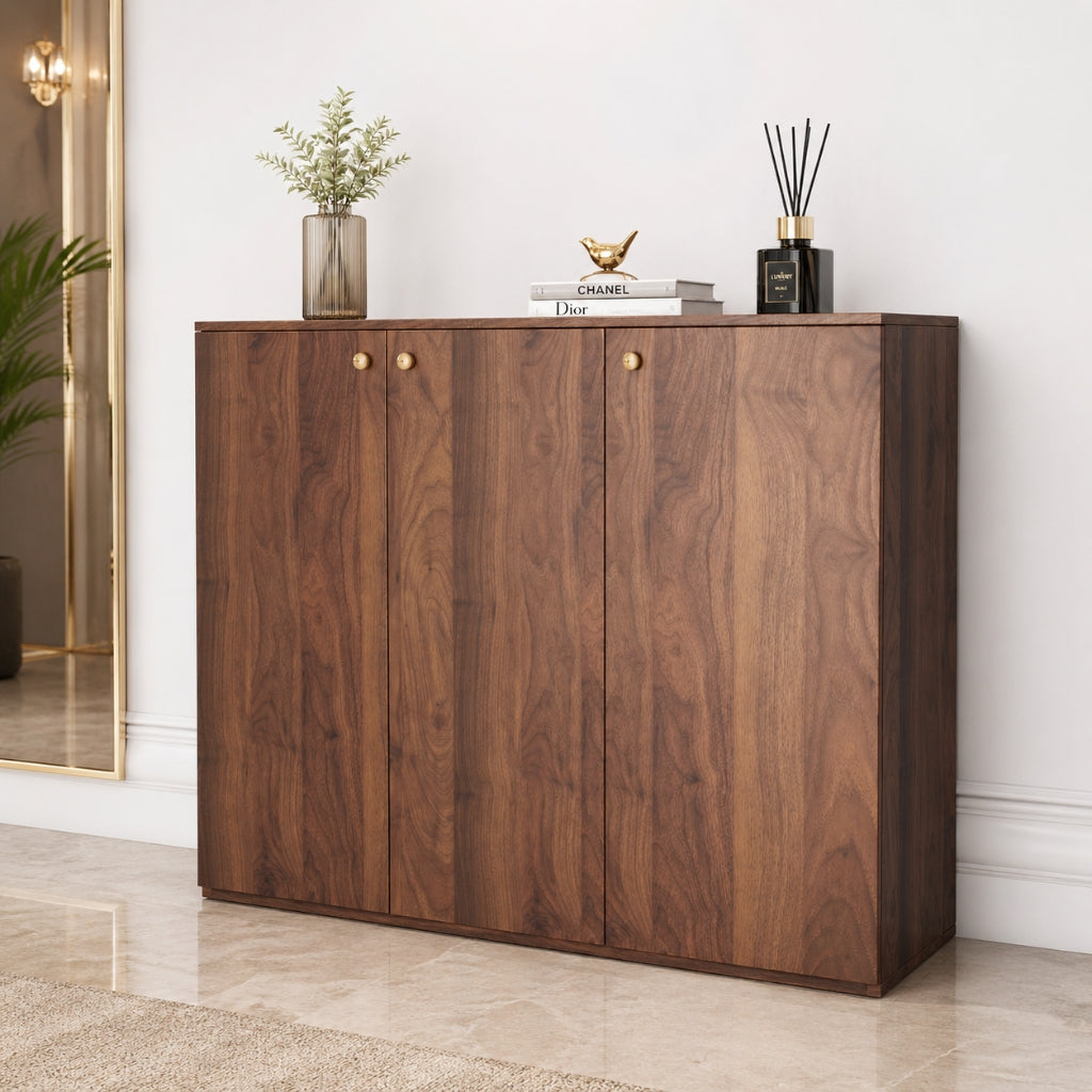 Apex 3 Door Shoe Rack Cabinet with Spacious Storage | Modern Wooden Footwear Organizer for Home & Entryway | Columbian Walnut Finish