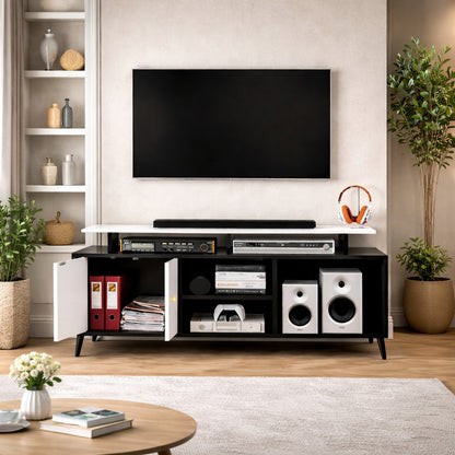 Spydercraft Modern Marbay TV Unit with Storage & Display Shelf – Space-Saving Entertainment Console in Black & White Finish