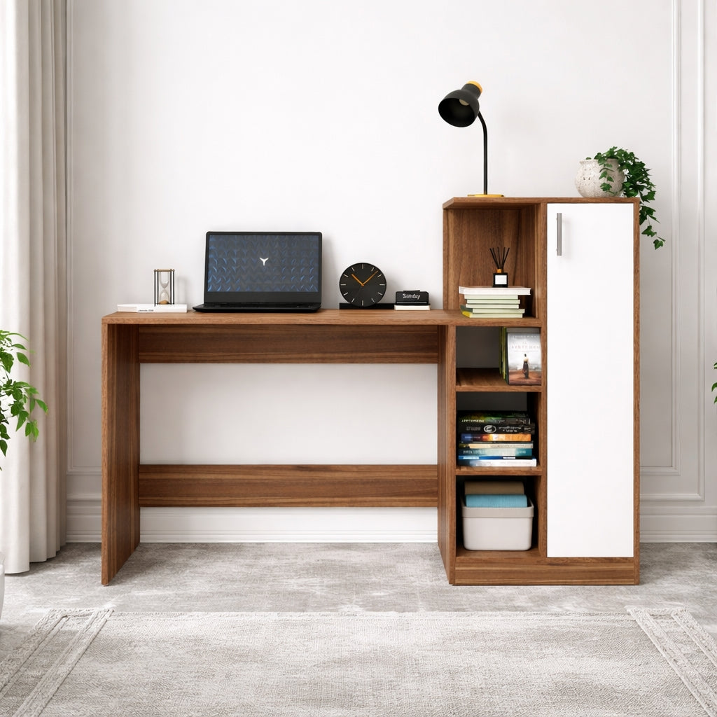 Spydercraft Noce Lyon & White Engineered Wood DYNA Study Table with Storage Cabinet – Modern Multipurpose Desk with Shelves