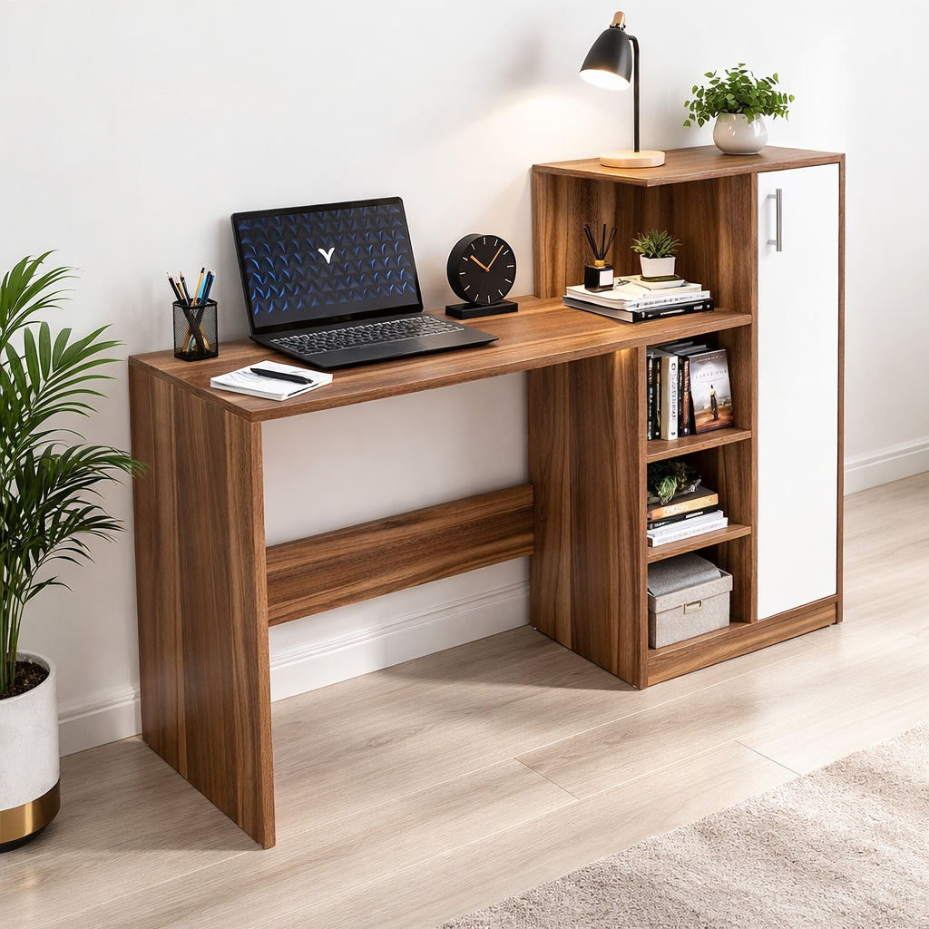 Spydercraft Noce Lyon & White Engineered Wood DYNA Study Table with Storage Cabinet – Modern Multipurpose Desk with Shelves