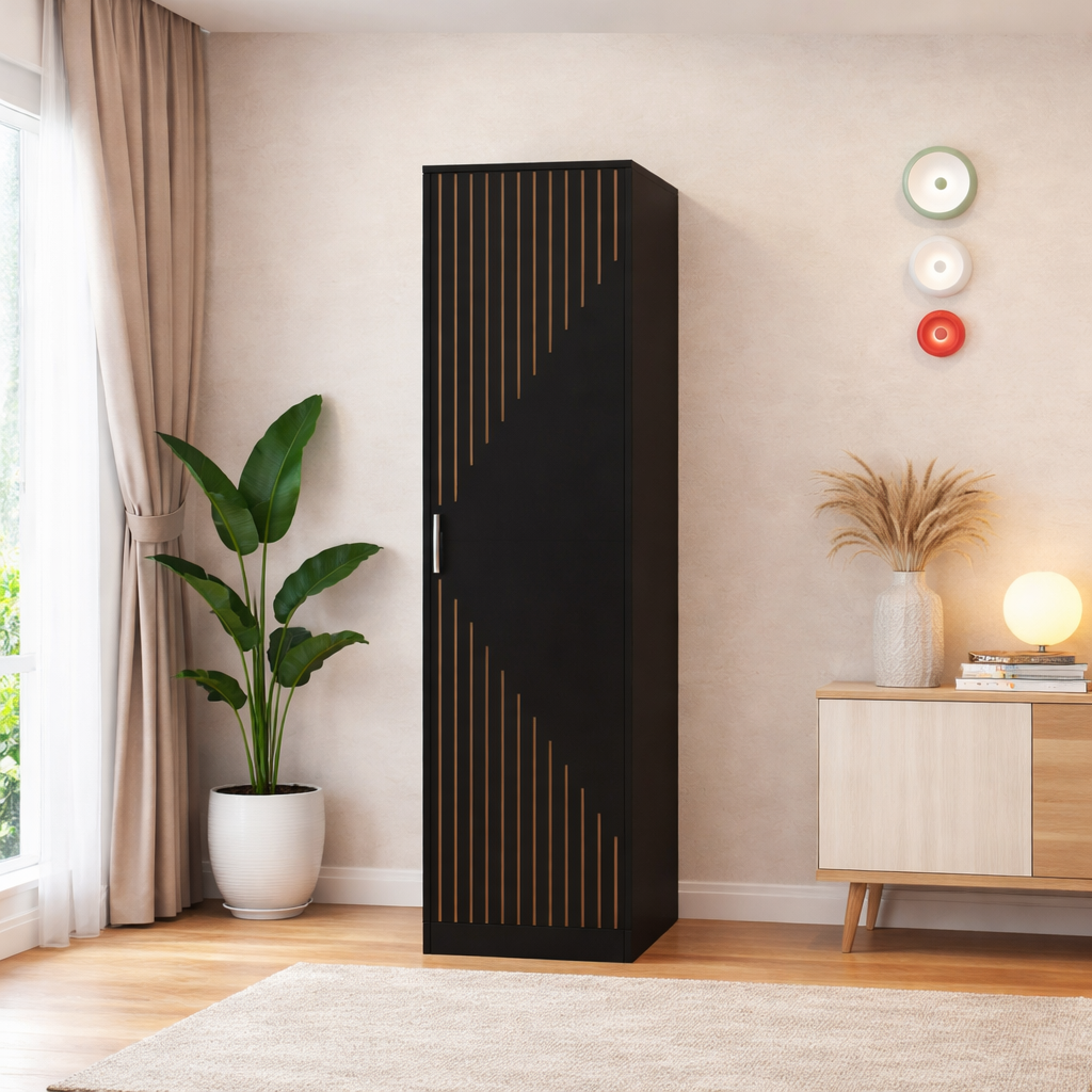 Spydercraft Single Door Fraser Wardrobe | Sleek Matte Finish | Space-Saving Storage Unit (180 cm Height)| Color: Black