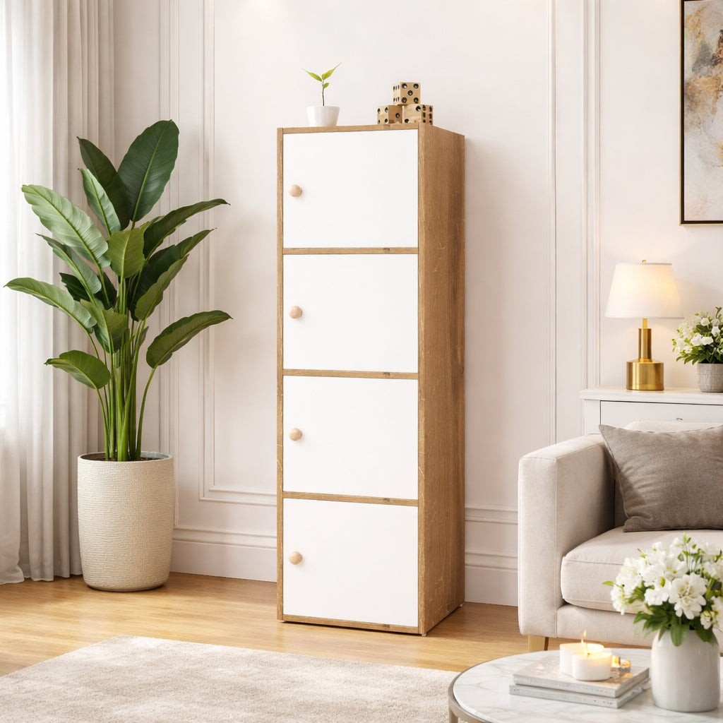 4-Tier Multipurpose Storage Cabinet – Compact Vertical Organizer (White & Canyon Oak Finish)