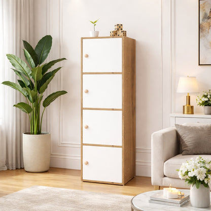 4-Tier Multipurpose Storage Cabinet – Compact Vertical Organizer (White & Canyon Oak Finish)