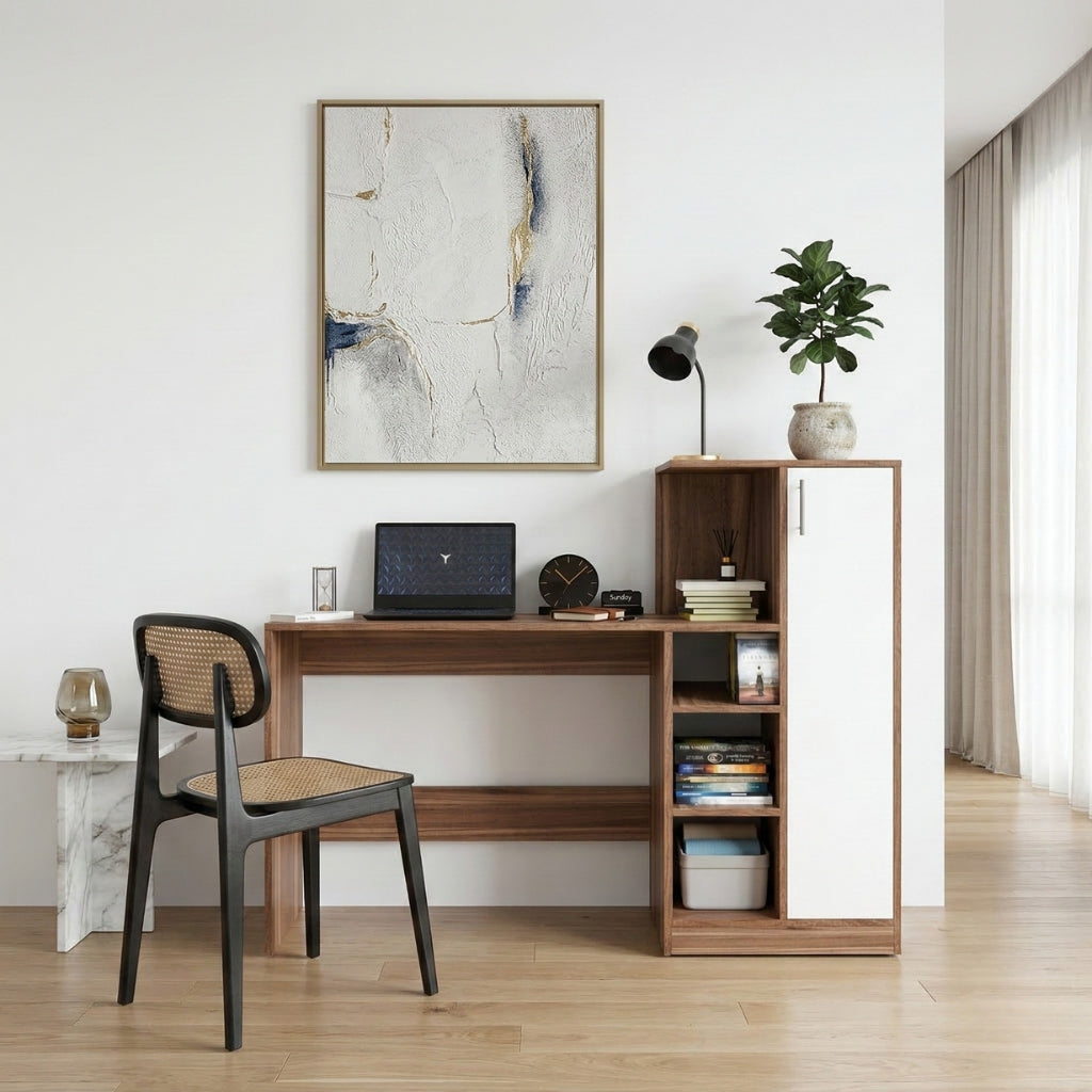 Spydercraft Noce Lyon & White Engineered Wood DYNA Study Table with Storage Cabinet – Modern Multipurpose Desk with Shelves
