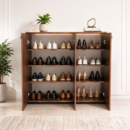 Apex 3 Door Shoe Rack Cabinet with Spacious Storage | Modern Wooden Footwear Organizer for Home & Entryway | Columbian Walnut Finish