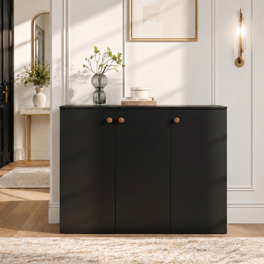 Apex 3 Door Shoe Rack Cabinet with Spacious Storage | Modern Wooden Footwear Organizer for Home & Entryway | Black Finish