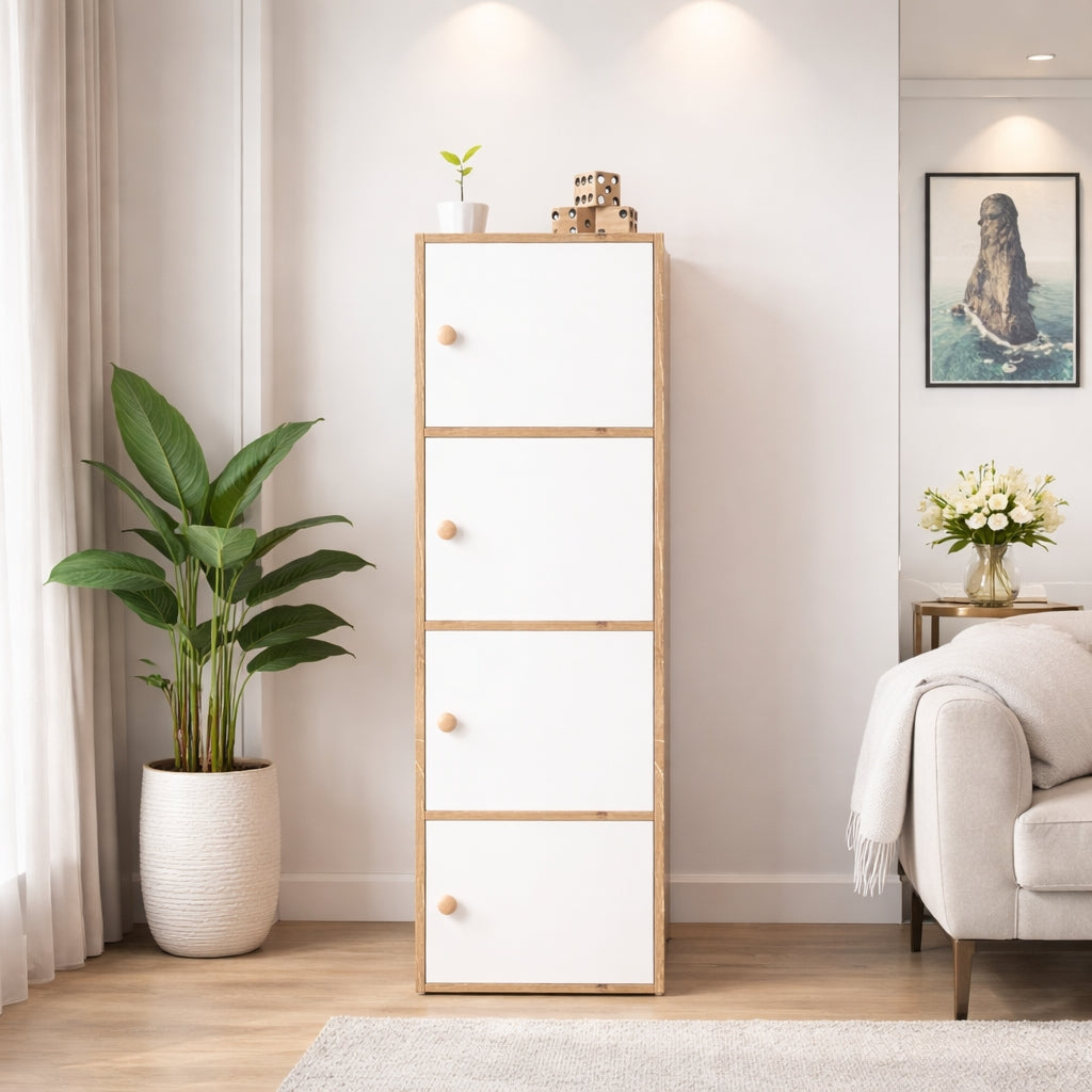 4-Tier Multipurpose Storage Cabinet – Compact Vertical Organizer (White & Canyon Oak Finish)