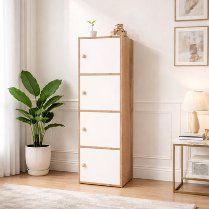 4-Tier Multipurpose Storage Cabinet – Compact Vertical Organizer (White & Canyon Oak Finish)
