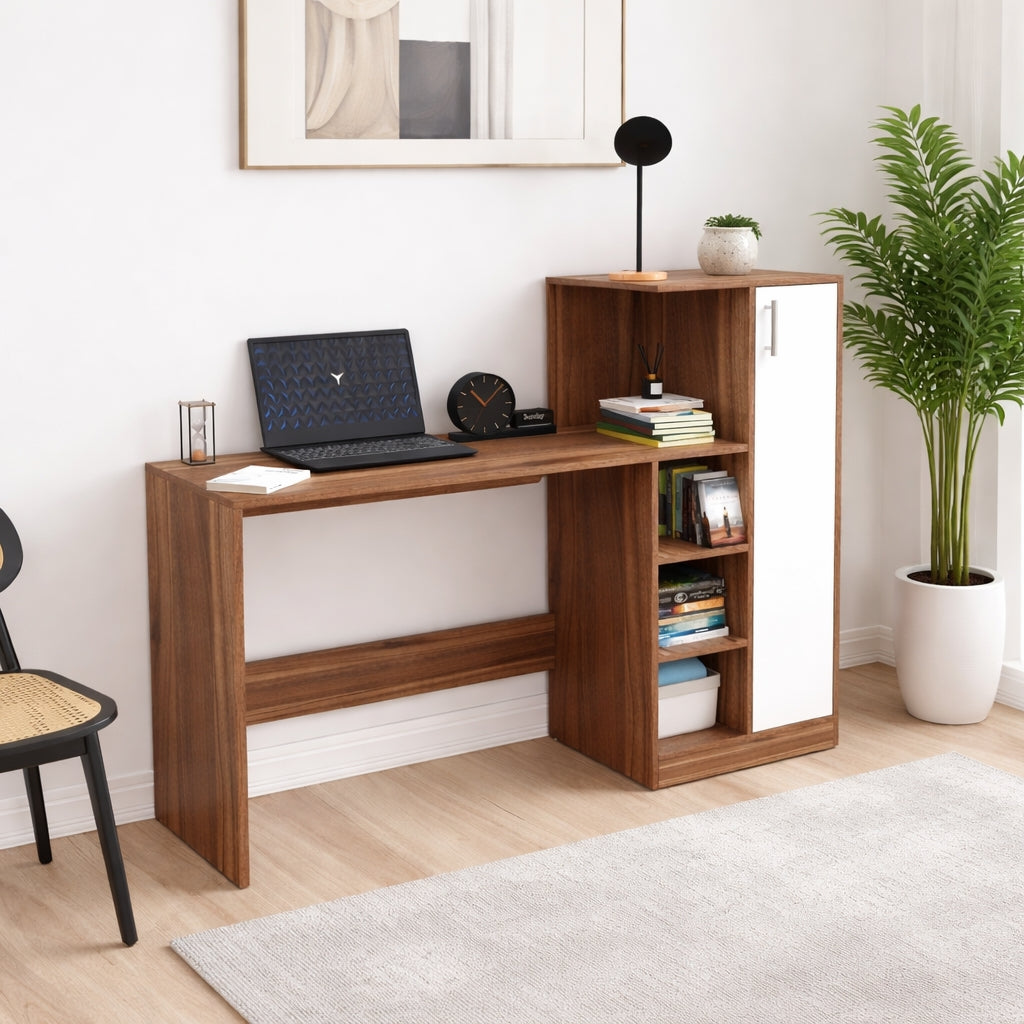 Spydercraft Noce Lyon & White Engineered Wood DYNA Study Table with Storage Cabinet – Modern Multipurpose Desk with Shelves