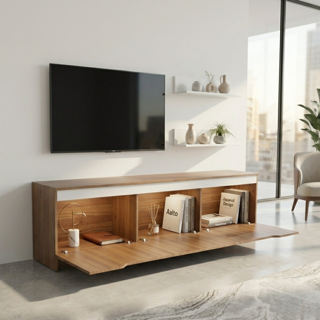 Spydercraft Modern Walnut TV Cabinet with Storage & Floating Shelves | 180 cm Entertainment Unit