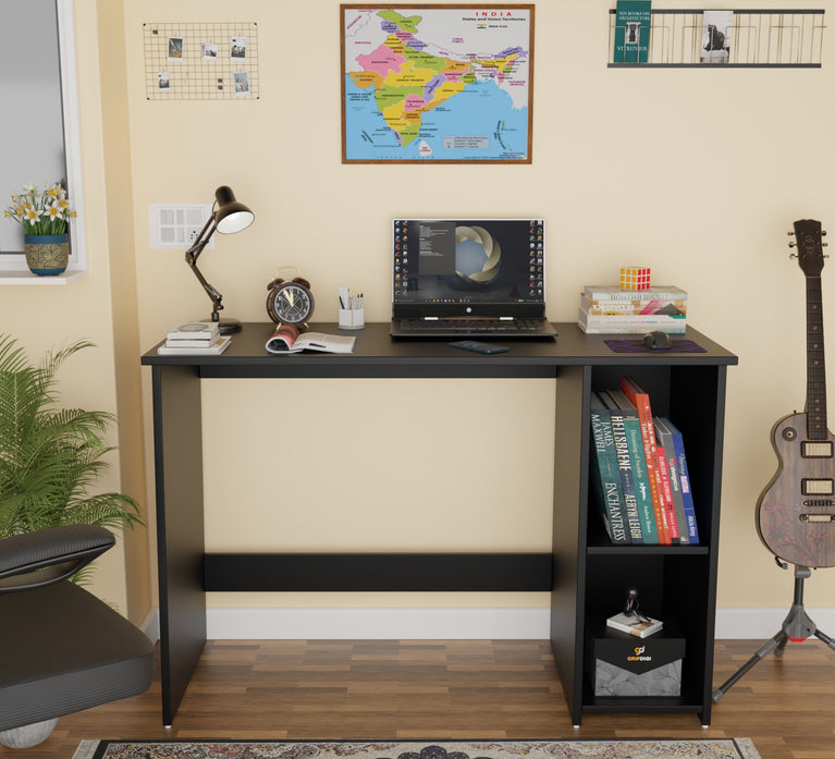 Spydercraft Orchid Study Table | Modern Study & Office Desk with Open Storage Shelves | Engineered Wood Writing Table for Home & Office | Black Finish