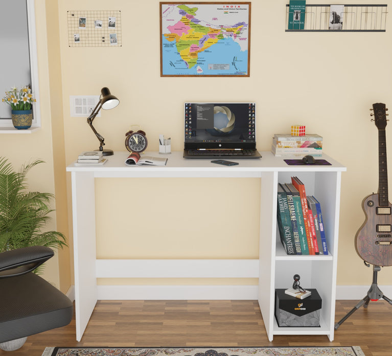 Spydercraft Orchid Study Table | Modern Study & Office Desk with Open Storage Shelves | Engineered Wood Writing Table for Home & Office | White Finish