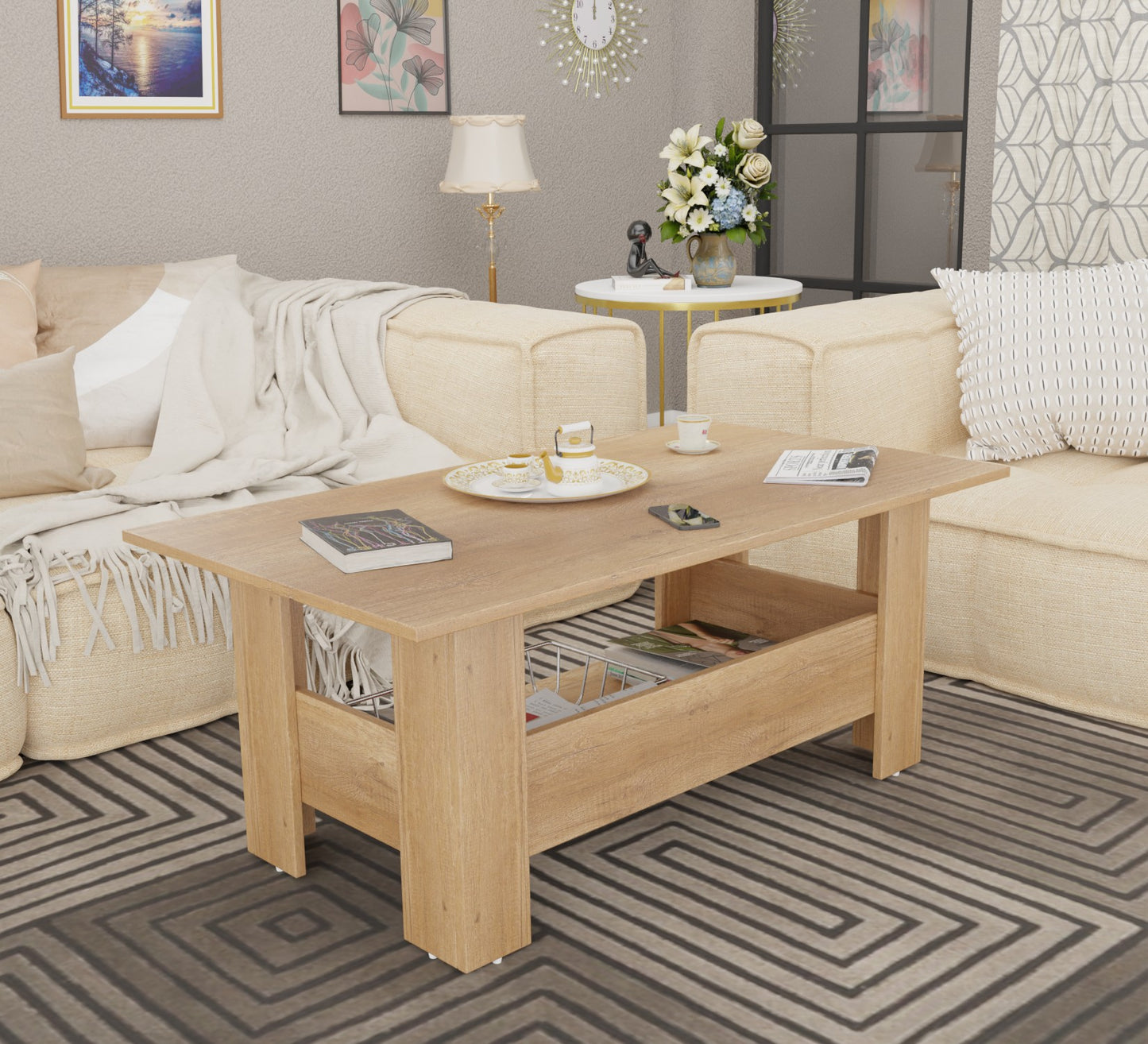 Spyder Craft Gabrial Modern Wooden Coffee Table with Storage| Coffee Table for Living Room Engineered Wood Coffee Table (Modern, Canon Oak)