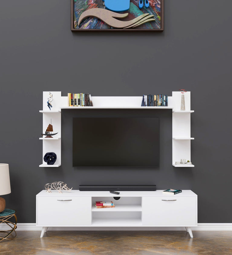 Spyder Craft A9 Tv Unit With Wall Shelf Tv Stand With Bookshelf Wall Mounted With Shelf Modern Leg 180 Cm Miniature White