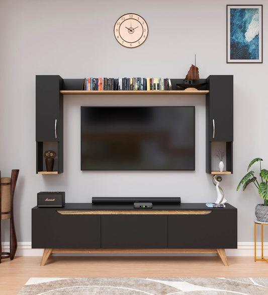 Spyder Craft Matte Finish D3 Black TV Unit with Wall Shelf, TV Stand with Bookshelf Wall Mounted with Shelf, Color: Black and Canyon Oak|| Assembly-DIY (Do-It-Yourself)