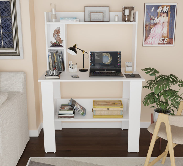 SPYDER CRAFT Modern Engineered Wood Study Table with Bookshelf & Storage Shelves in White | Computer Desk for Home & Office
