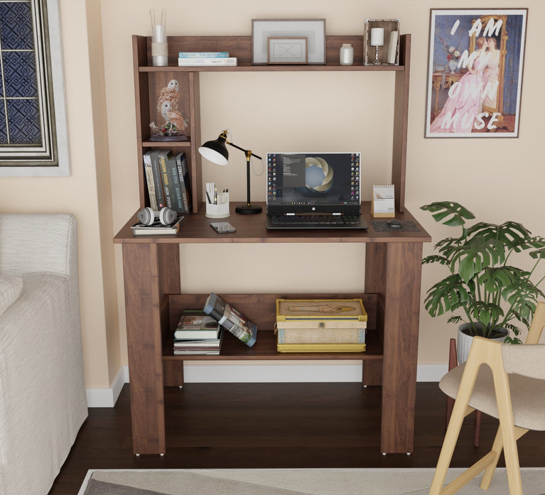 SPYDER CRAFT Modern Engineered Wood Study Table with Bookshelf & Storage Shelves in Columbian Walnut | Computer Desk for Home & Office