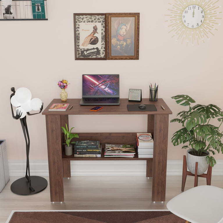 SPYDER CRAFT Genesis Engineered Wood Study Table with Storage Shelf in Columbian Walnut Finish | Modern Computer Desk for Home & Office