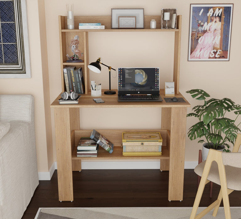 SPYDER CRAFT Modern Engineered Wood Study Table with Bookshelf & Storage Shelves in Canyon Oak | Computer Desk for Home & Office