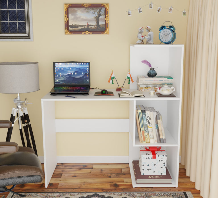 Spydercraft Tulip Study Table | Modern Study & Office Desk with Open Storage | Engineered Wood Writing Table | White Finish