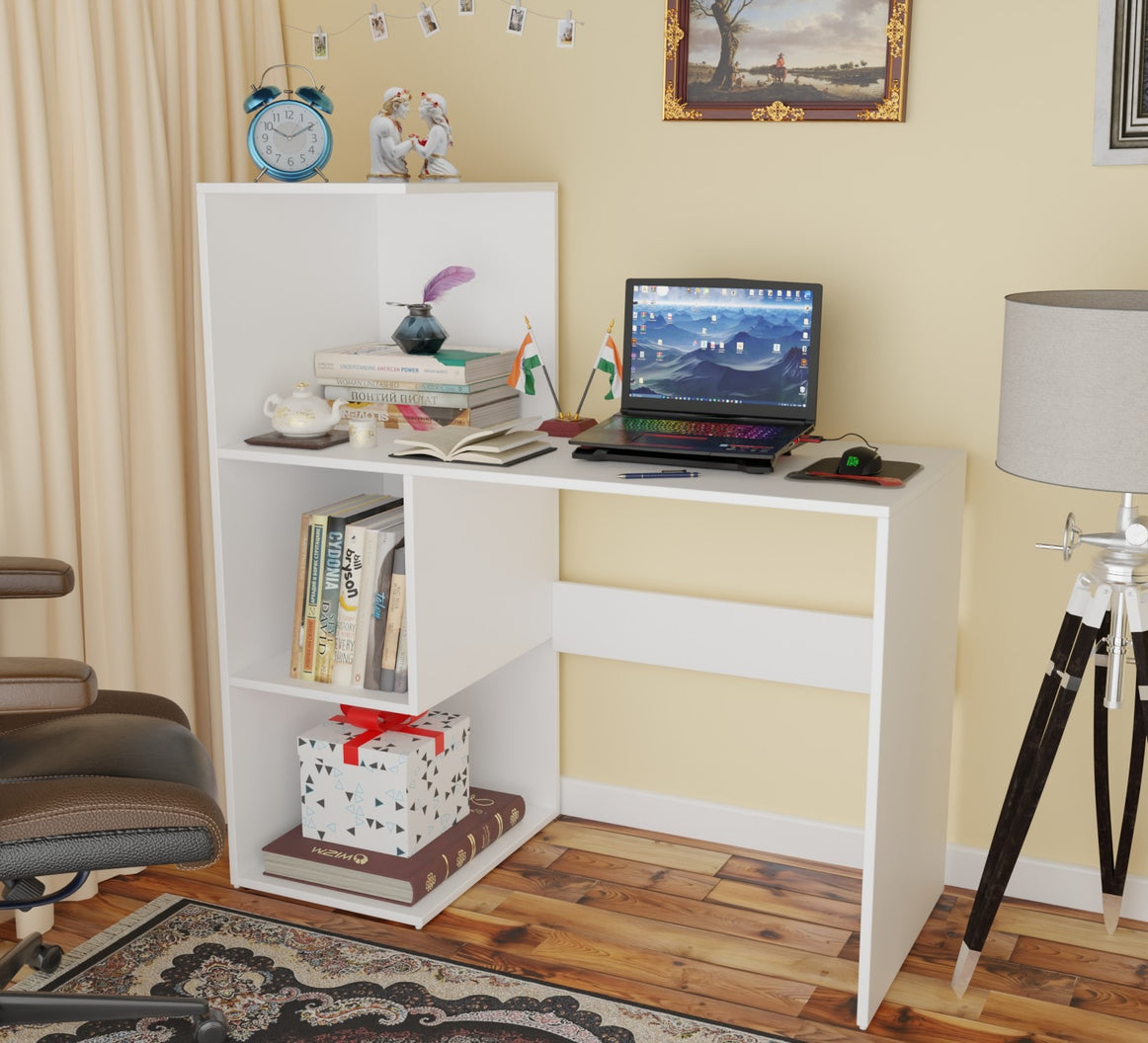 Spydercraft Tulip Study Table | Modern Study & Office Desk with Open Storage | Engineered Wood Writing Table | White Finish