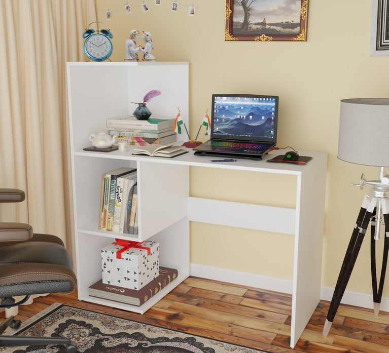 Spydercraft Tulip Study Table | Modern Study & Office Desk with Open Storage | Engineered Wood Writing Table | White Finish