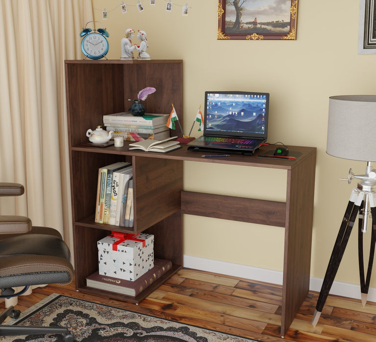 Spydercraft Tulip Study Table | Modern Study & Office Desk with Open Storage Shelves | Engineered Wood Writing Table | Columbian Walnut Finish