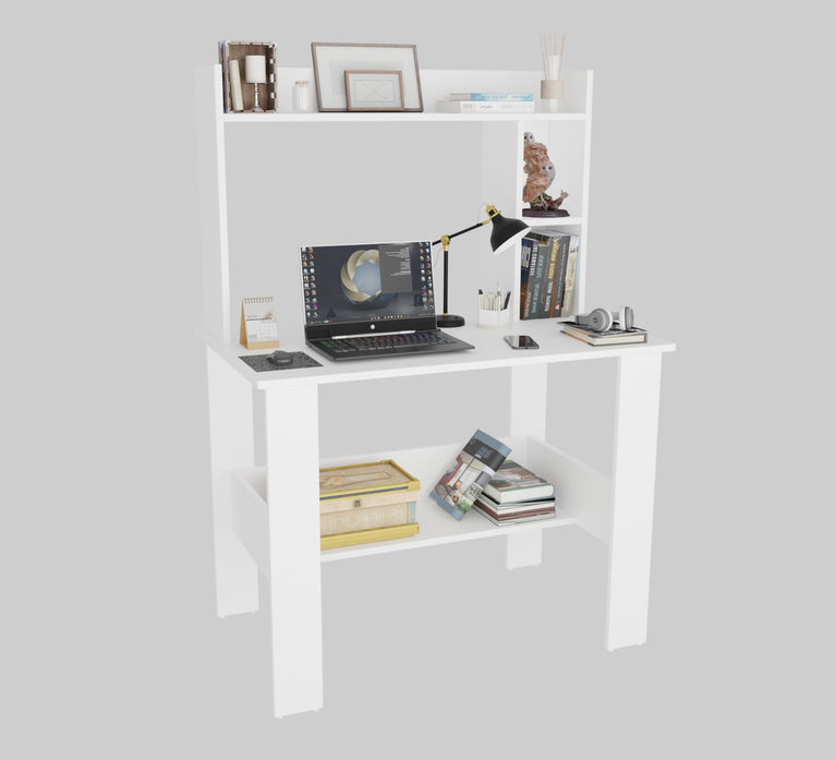 SPYDER CRAFT Modern Engineered Wood Study Table with Bookshelf & Storage Shelves in White | Computer Desk for Home & Office