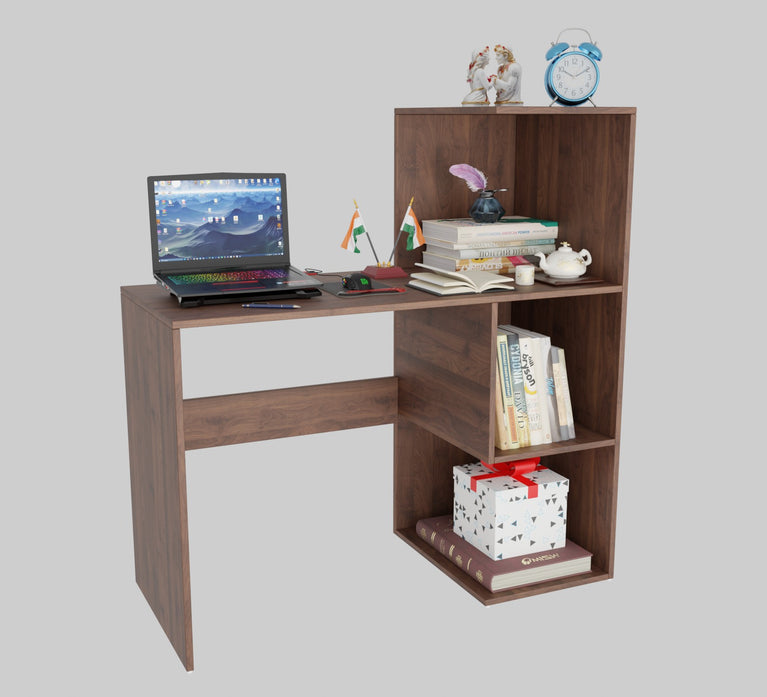 Spydercraft Tulip Study Table | Modern Study & Office Desk with Open Storage Shelves | Engineered Wood Writing Table | Columbian Walnut Finish