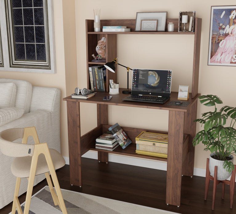 SPYDER CRAFT Modern Engineered Wood Study Table with Bookshelf & Storage Shelves in Columbian Walnut | Computer Desk for Home & Office