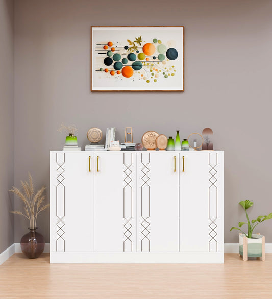Spydercraft Embellix Multipurpose Storage Cabinet – 4 Door Organizer Unit (139 x 90 x 35 cm) | Matte White with Gold Handles & Geometric Detailing