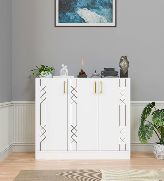Spydercraft Lupin Multipurpose Cabinet – 3-Door Storage Unit (105 x 90 x 35 cm) | White with Gold Handles & Geometric Design