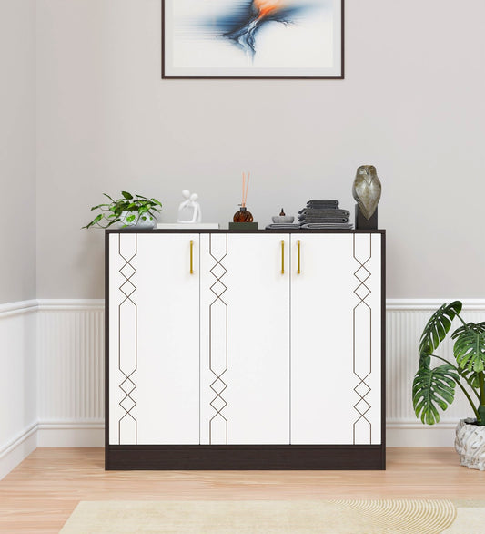 Spydercraft Lupin Multipurpose Cabinet – 3-Door Storage Unit (105 x 90 x 35 cm) | White & Wenge Brown Finish with Geometric Design