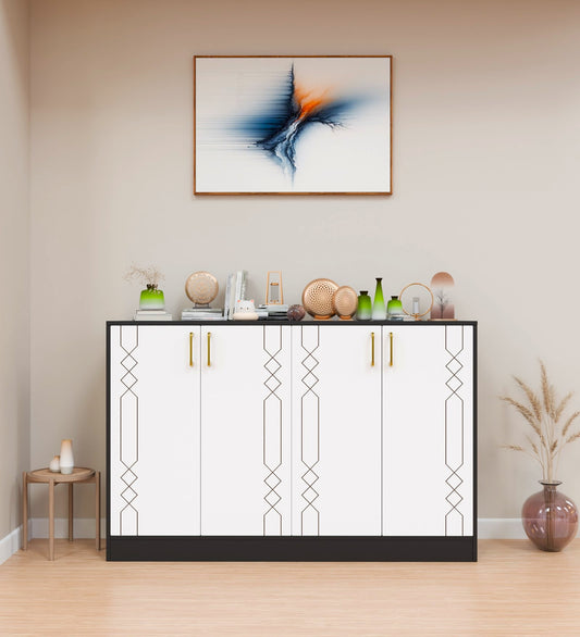 Spydercraft Embellix Multipurpose Storage Cabinet – 4 Door Organizer Unit (139 x 90 x 35 cm) | Black & White with Gold Handles & Geometric Detailing