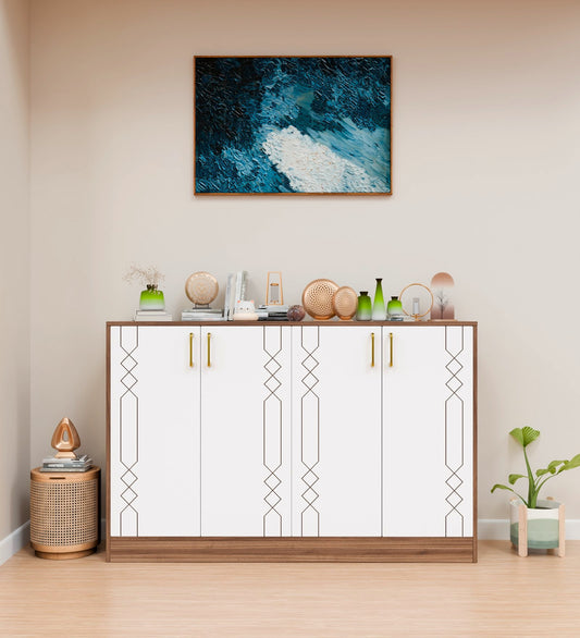 Spydercraft Embellix Multipurpose Storage Cabinet – 4 Door Organizer Unit (139 x 90 x 35 cm) | Noce Lyon & White with Gold Handles & Geometric Detailing