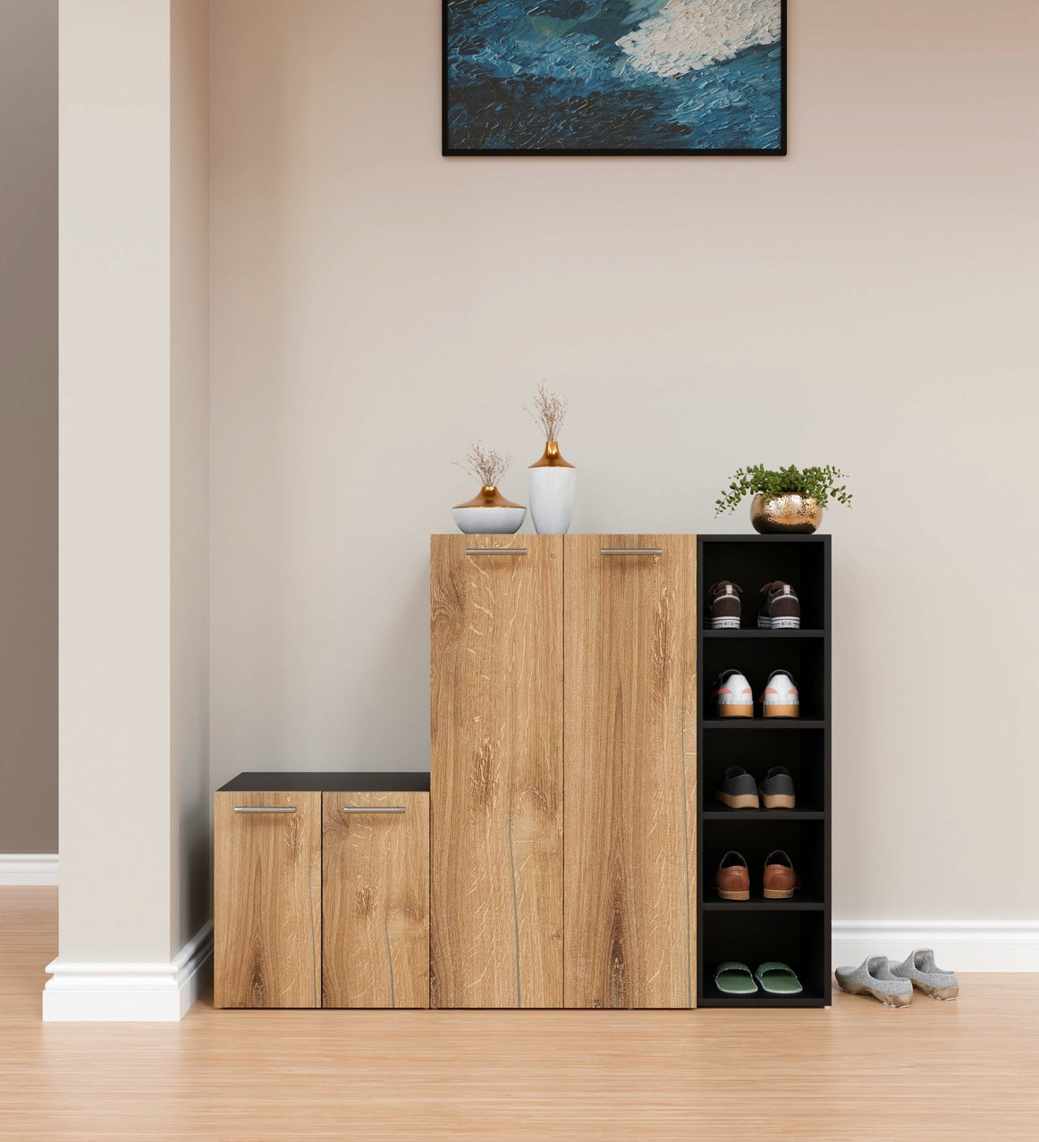 SpyderCraft Louis Shoe Rack – Elegant Shoe Storage Cabinet with Multi-Level Shelving for Modern Homes| Color: Canyon Oak and Black|