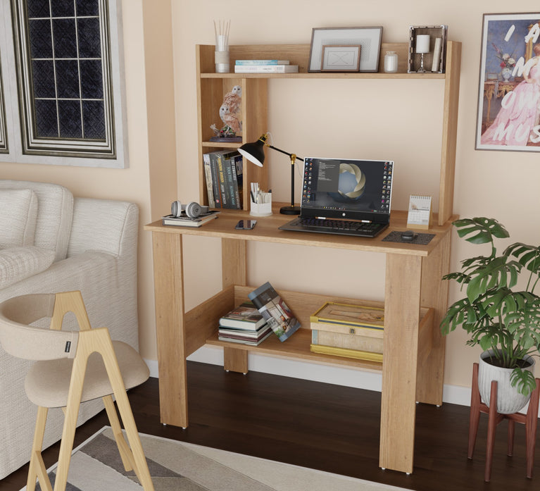 SPYDER CRAFT Modern Engineered Wood Study Table with Bookshelf & Storage Shelves in Canyon Oak | Computer Desk for Home & Office