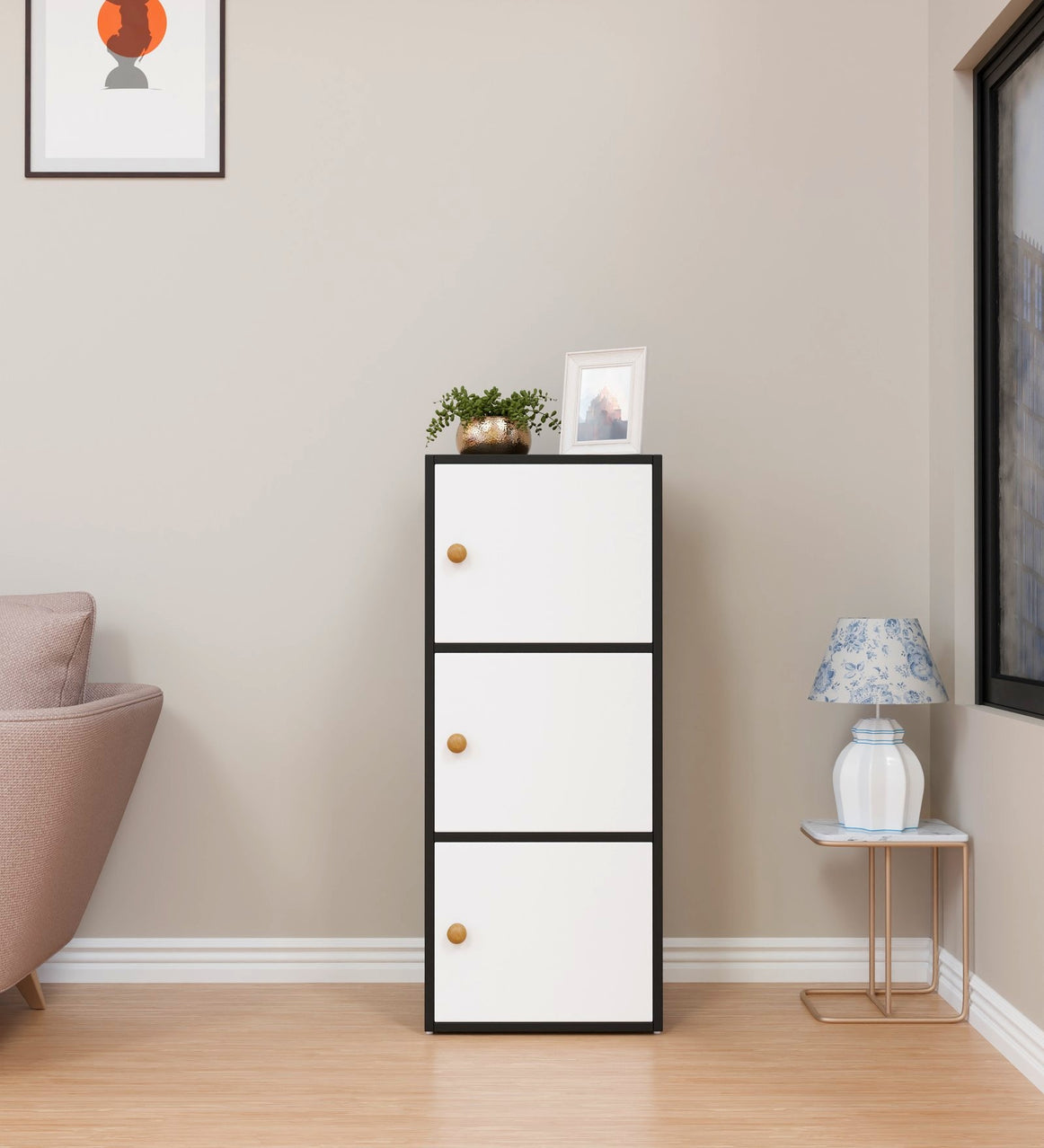 Spydercraft Matte Finish Dorio Multipurpose Storage Floor Mounted Cabinet| Modern 3-Door Storage Cabinet – Black & White Wooden Organizer| Do-IT-Yourself Product