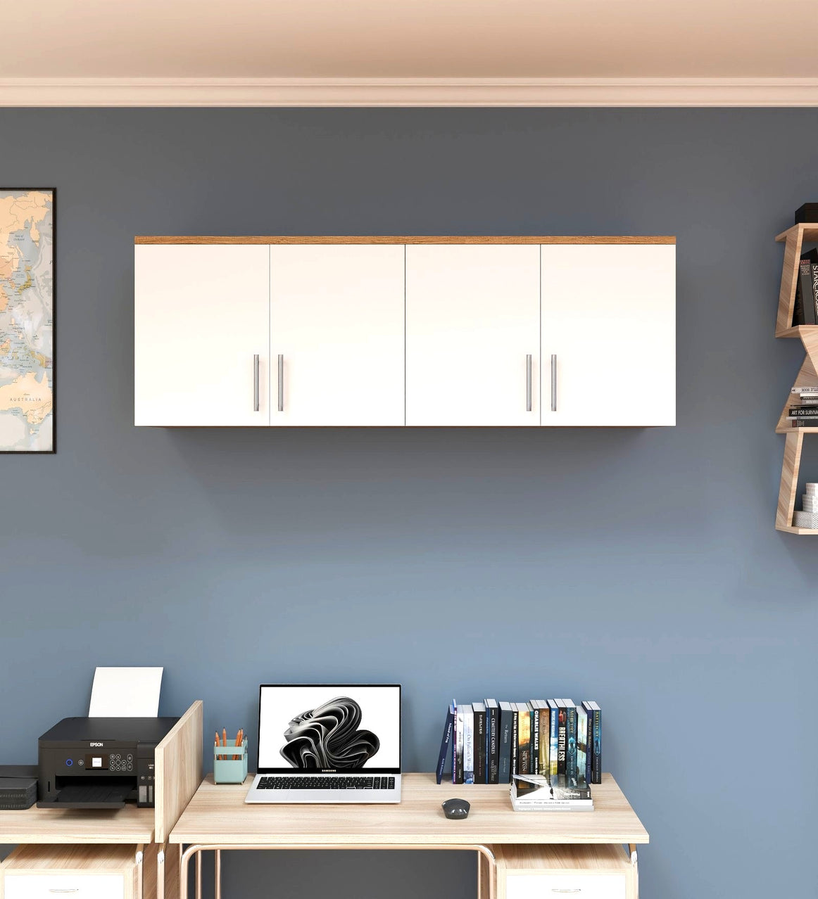 Spydercraft Wall Mounted Kitchen Cabinet – 4 Door Storage Unit (120 x 41 x 36 cm) | Canyon Oak & White Finish