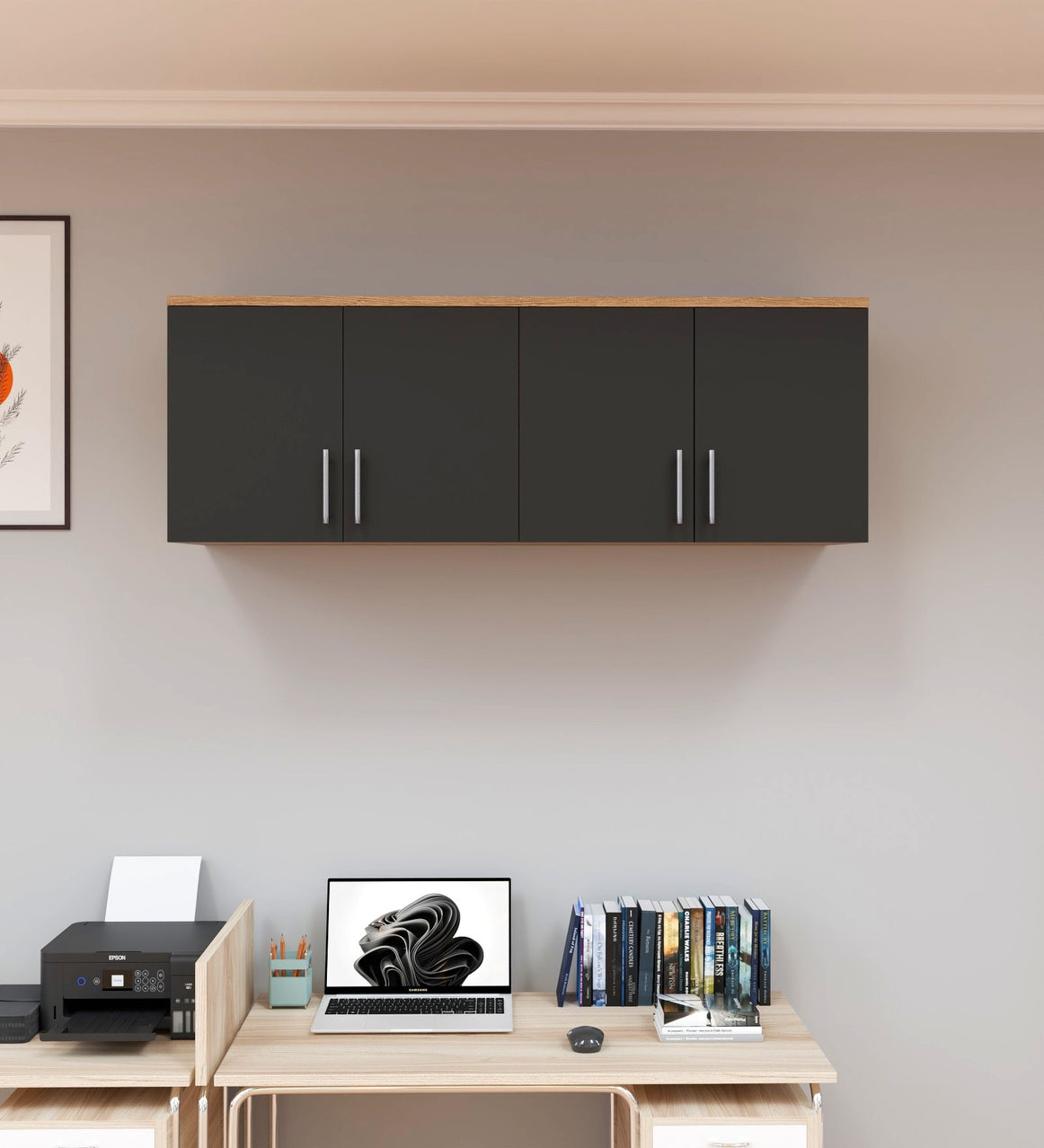 Spydercraft Wall Mounted Kitchen Cabinet – 4 Door Storage Unit (120 x 41 x 36 cm) | Canyon Oak & Black Finish| Do- It-Yourself Product