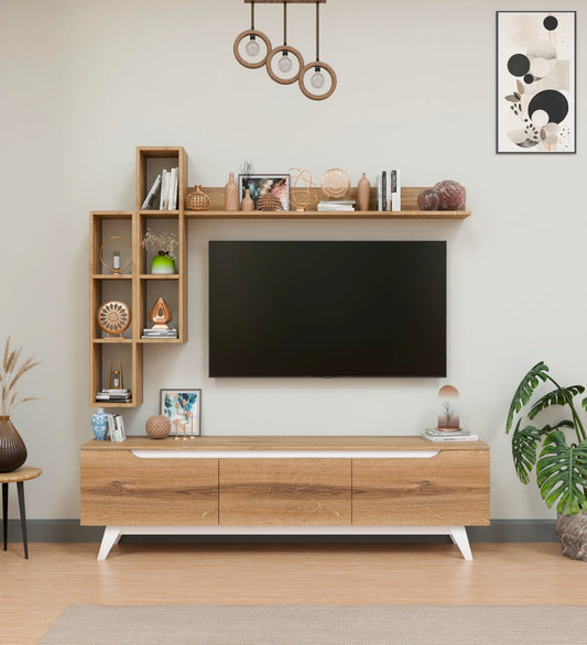 Spydercraft D3 Modern TV Unit with Wall Shelves – Entertainment Console Set (180 x 51 x 35 cm) | Canyon Oak & White Finish | Engineered Wood| Do-It-Yourself Product