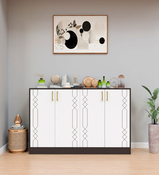 Spydercraft Embellix Multipurpose Storage Cabinet – 4 Door Organizer Unit (139 x 90 x 35 cm) | Wenge Brown & White with Gold Handles & Geometric Detailing