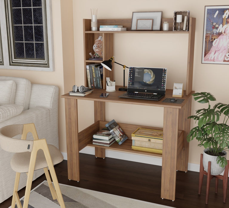 SPYDER CRAFT Modern Engineered Wood Study Table with Bookshelf & Storage Shelves in Noce Lyon | Computer Desk for Home & Office