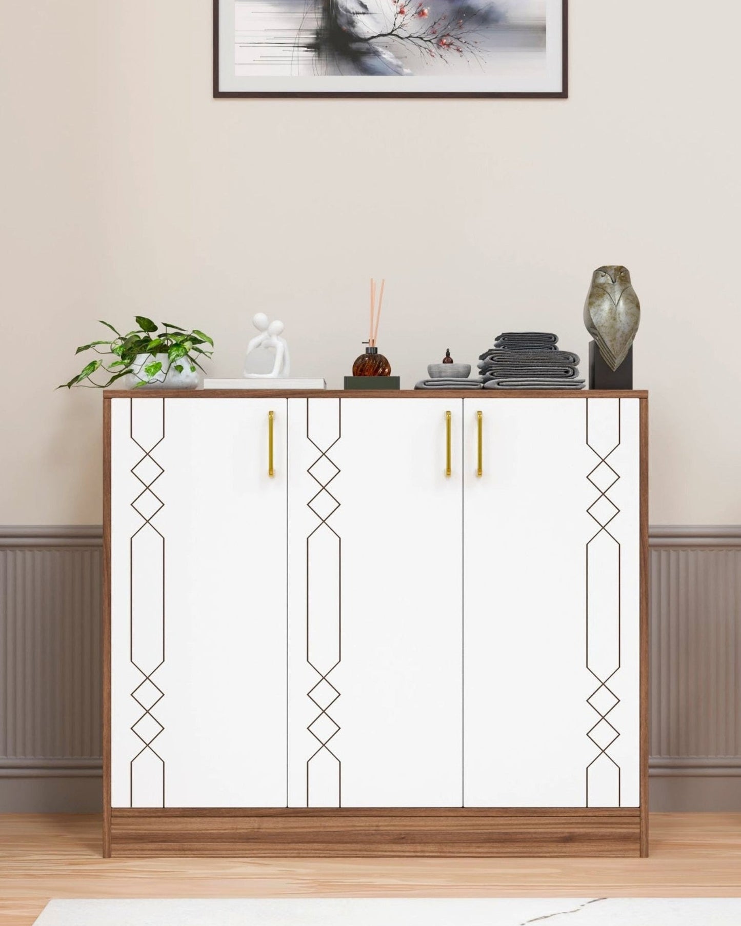 Spydercraft Lupin Multipurpose Cabinet – 3-Door Storage Unit (105 x 90 x 35 cm) | White & Noce Lyon Finish with Geometric Design