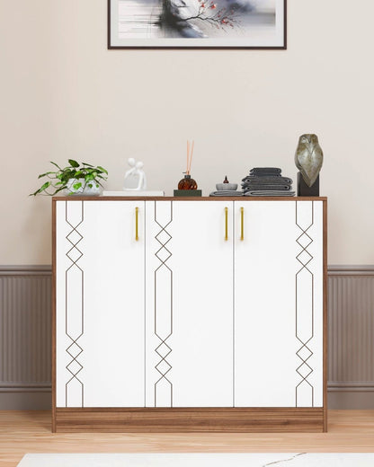 Spydercraft Lupin Multipurpose Cabinet – 3-Door Storage Unit (105 x 90 x 35 cm) | White & Noce Lyon Finish with Geometric Design