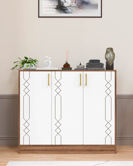 Spydercraft Lupin Multipurpose Cabinet – 3-Door Storage Unit (105 x 90 x 35 cm) | White & Noce Lyon Finish with Geometric Design