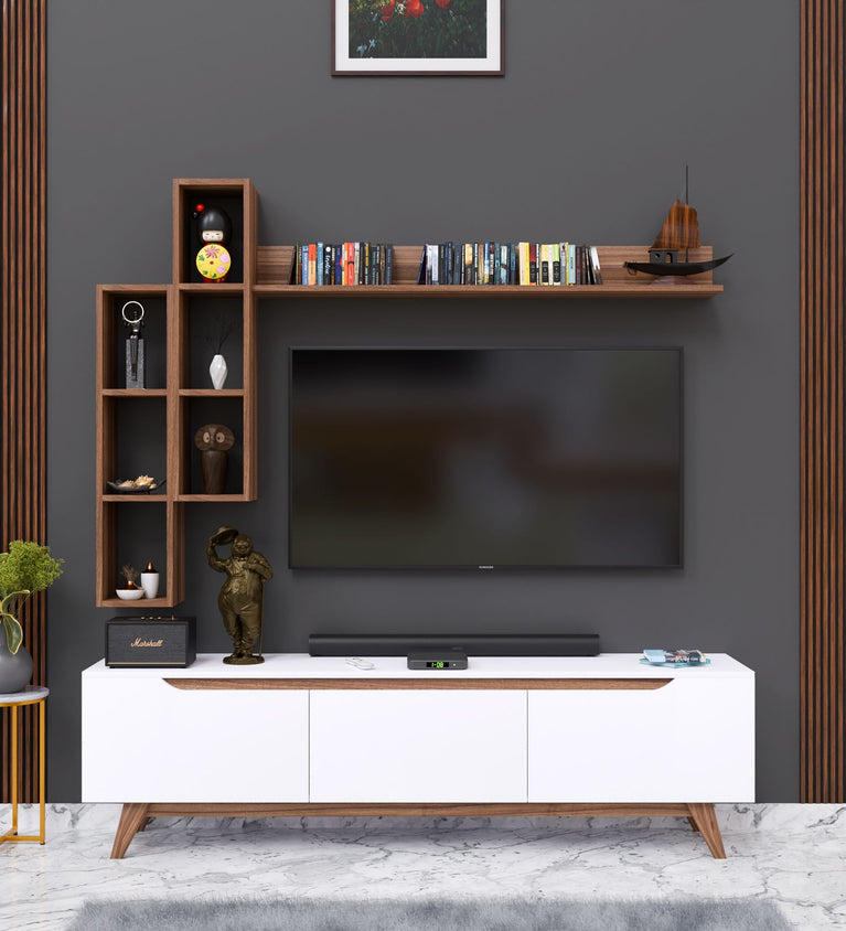 Spyder Craft D1 Tv Unit With Wall Shelf Tv Stand With Bookshelf Wall Mounted Shelf Modern Leg 180 cm White - Miniature Walnut M16