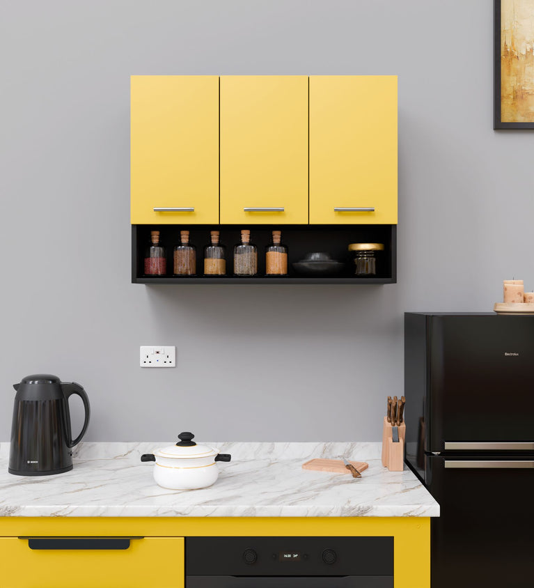 SPYDERCRAFT Matte Finish Blitz (Three Door) Kitchen Cabinet| Color: Yellow and Black| Do-It-Yourself Product