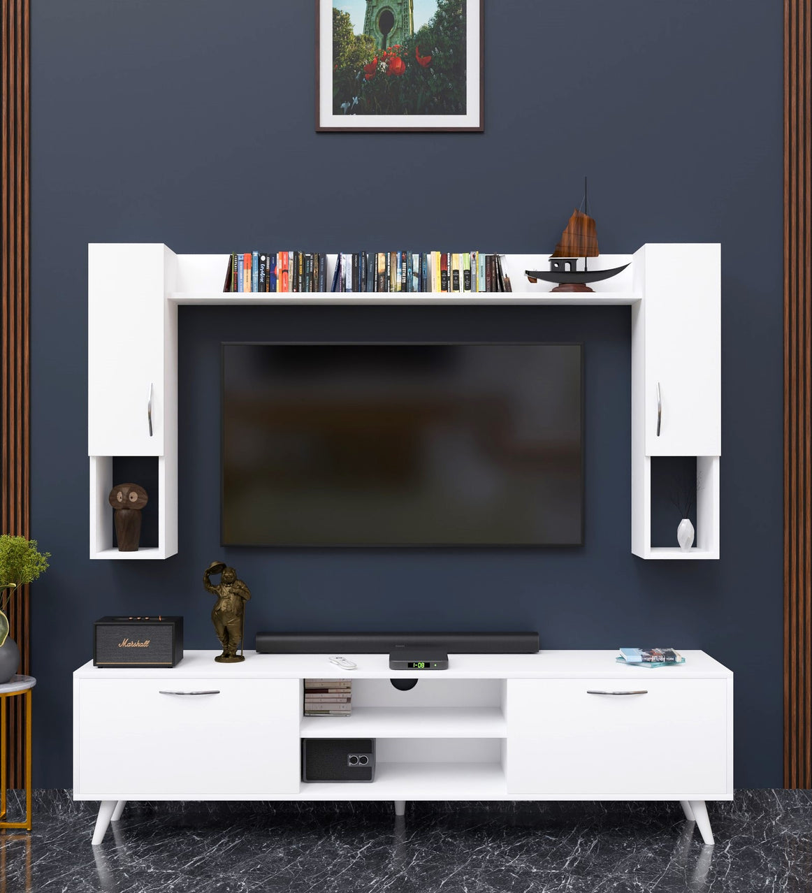 Spyder Home Decore Craft Matte Finish M5 Tv Unit with Wall Shelf, Wall Mounted with Shelf Modern Leg, 180 Cm Color:White || Assembly -DIY (Do-It-Yourself)