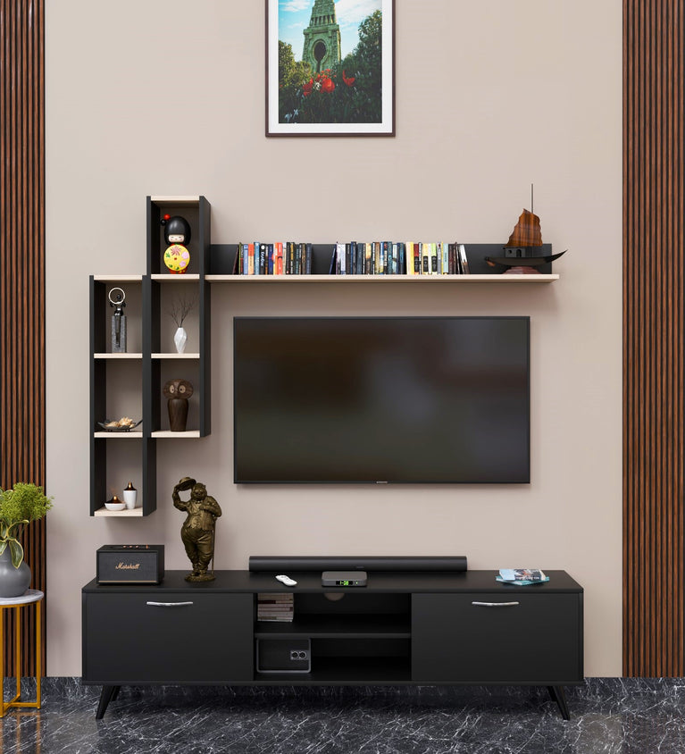 SPYDERCRAFT Matte Finish M5 TV Entertainment Unit with Shelves| Color: Black and Asia Walnut Light| Do- It- Yourself Product